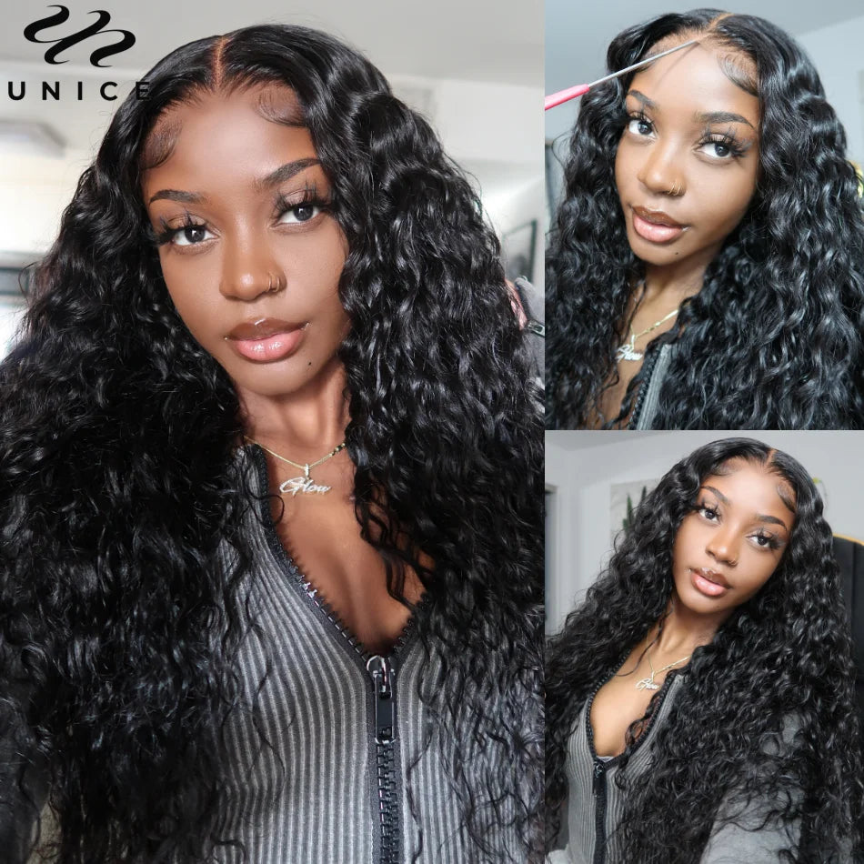 Unice Hair Drawstring Cap 7x5 & 13x4 Water Wave Human Hair Wig With Baby Hair Pre Cut Pre Bleached Pre Plucked Glueless Wigs