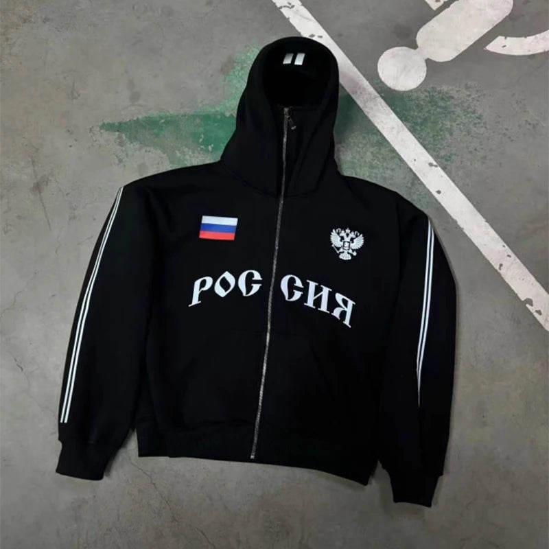 Y2K Clothes Men's Hip Hop Autumn Russia Hot Sale Vintage Double Zip Hoodies Lettering Graphic Hoodies Sweatshirts Casual Jacket