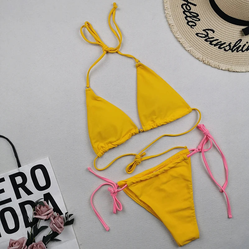 Brazilian Sexy Micro Mini Thong Bikini Set String Bandage Swimwear Women Beachwear Backless Swimsuit Triangle Push Up Biqiuni