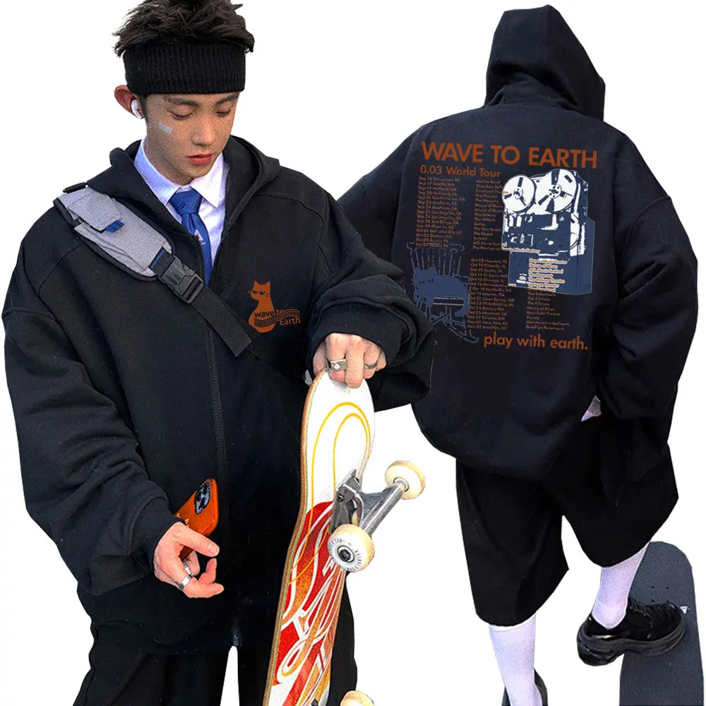 Korean Band Wave To Earth Print Zipper Hoodie Men's Casual Oversized Zip Up Jacket Men Women Hip Hop Fashion Y2k Zip Up Hoodies