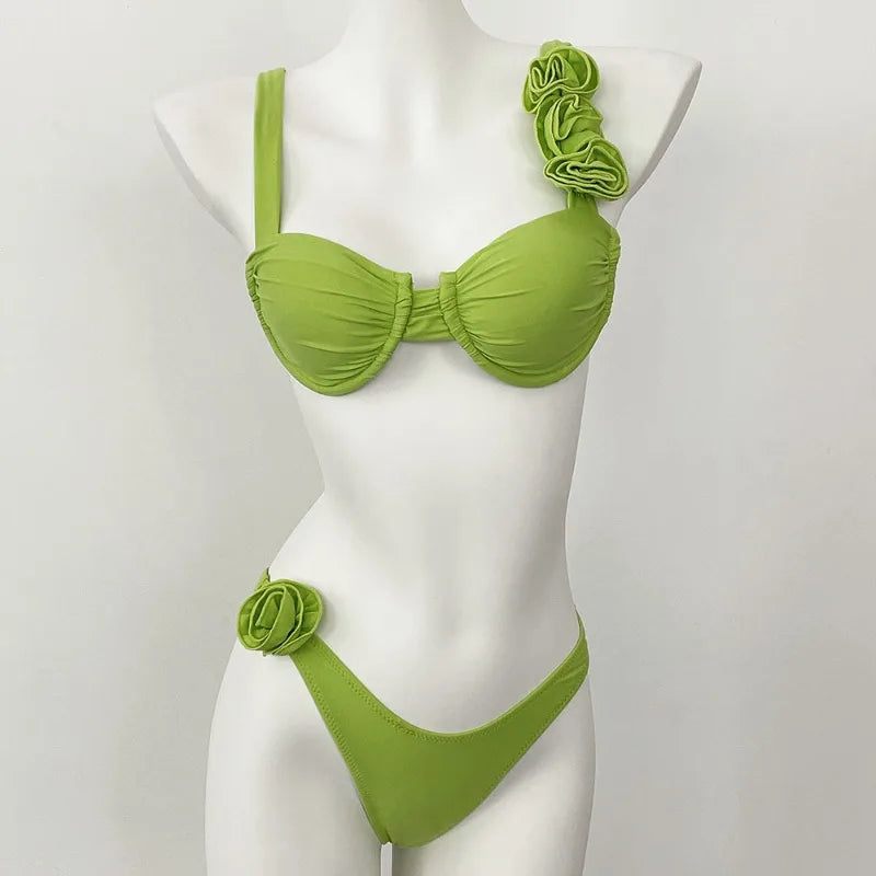 Style Flower Bikinis Women's 2 Piece 3D Rose Bikini Set High Cut Cheeky Swimsuit Floral Appliques Bathing Suit