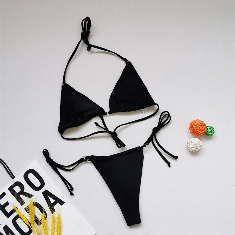 Brazilian Sexy Micro Mini Thong Bikini Set String Bandage Swimwear Women Beachwear Backless Swimsuit Triangle Push Up Biqiuni
