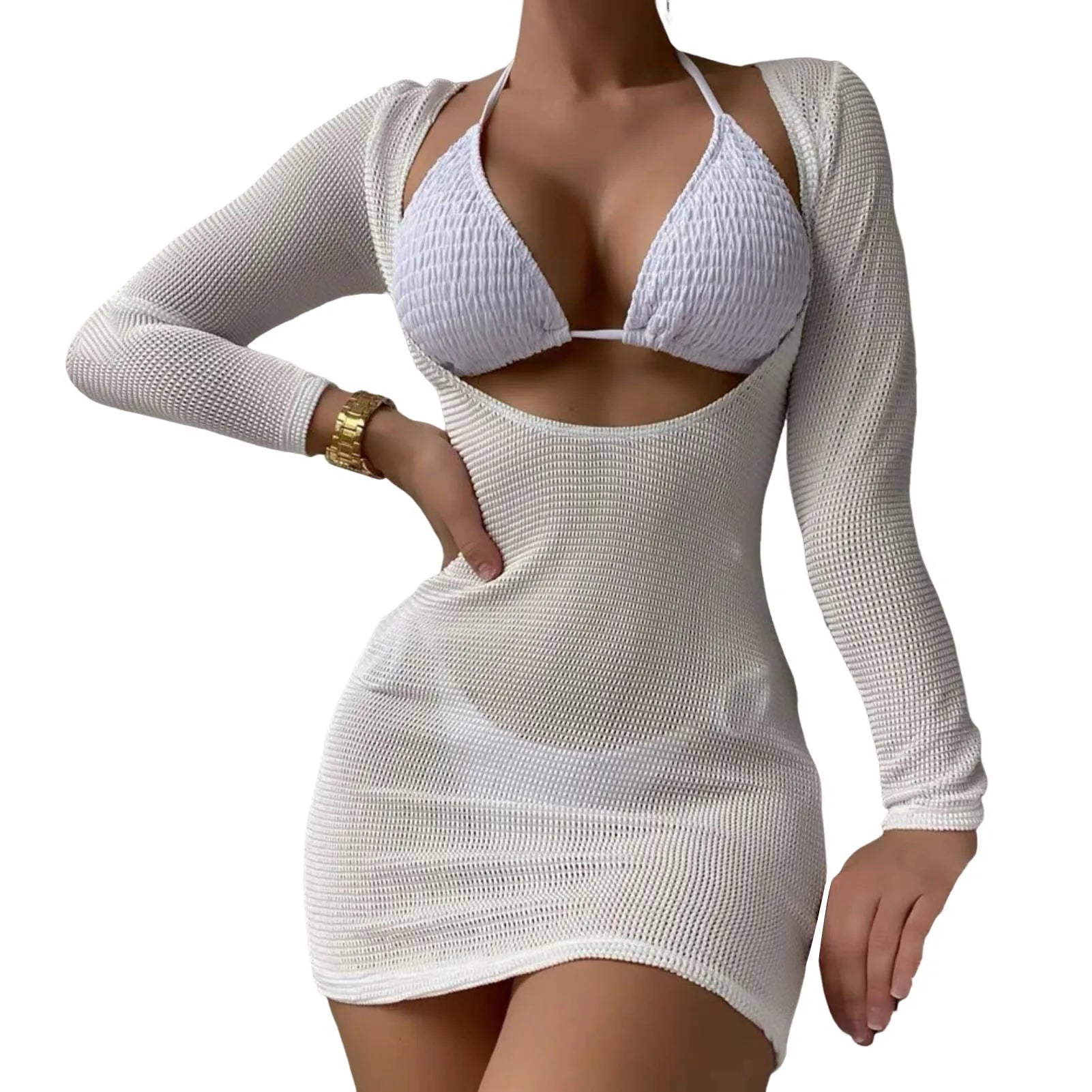 3Pcs/Set Women Bikini Set Halter Bra Lace-up Swimsuit Set With Mesh Yarn Cover Up Dress Solid Color Knitted Swimwear For Women