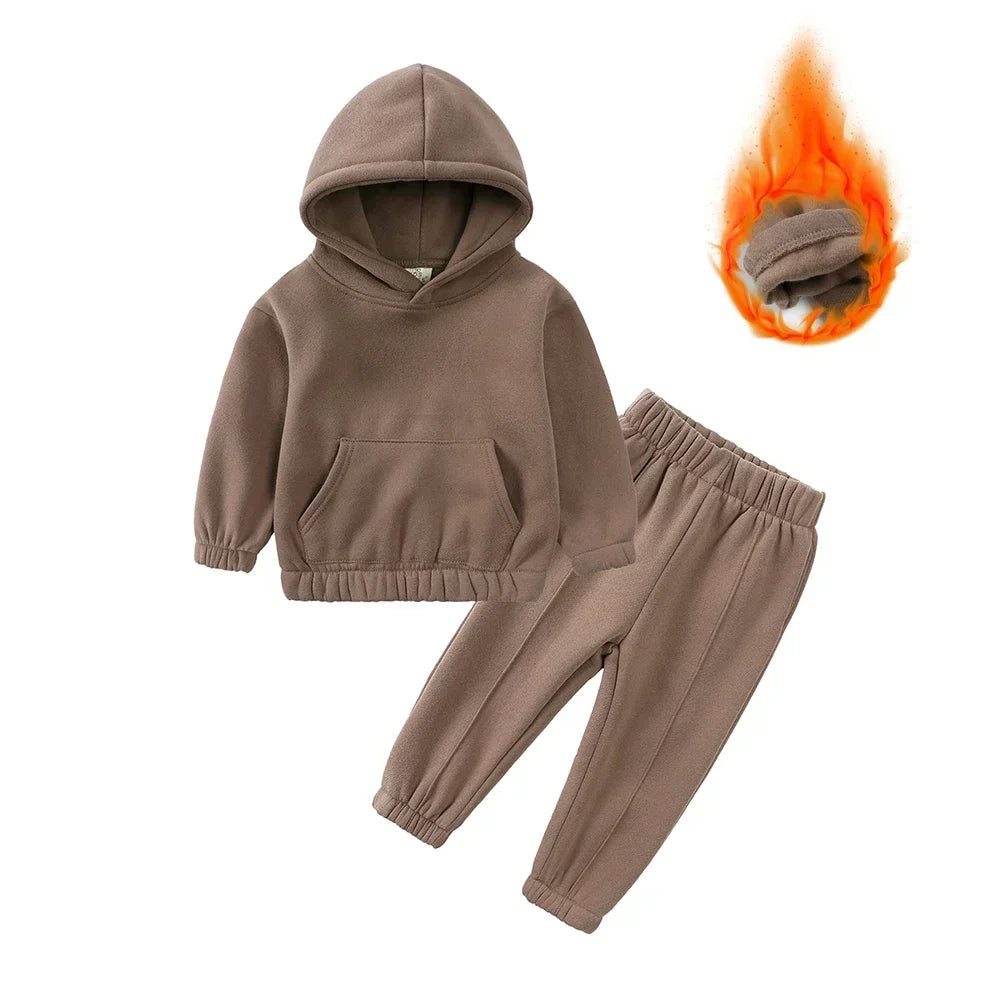 Children Fleece Winter Outfit Toddler Cotton Solid Hoodies Pullover Sweatshirt Pants Tracksuit Set Kids Boy Girl Warm Sweatsuits