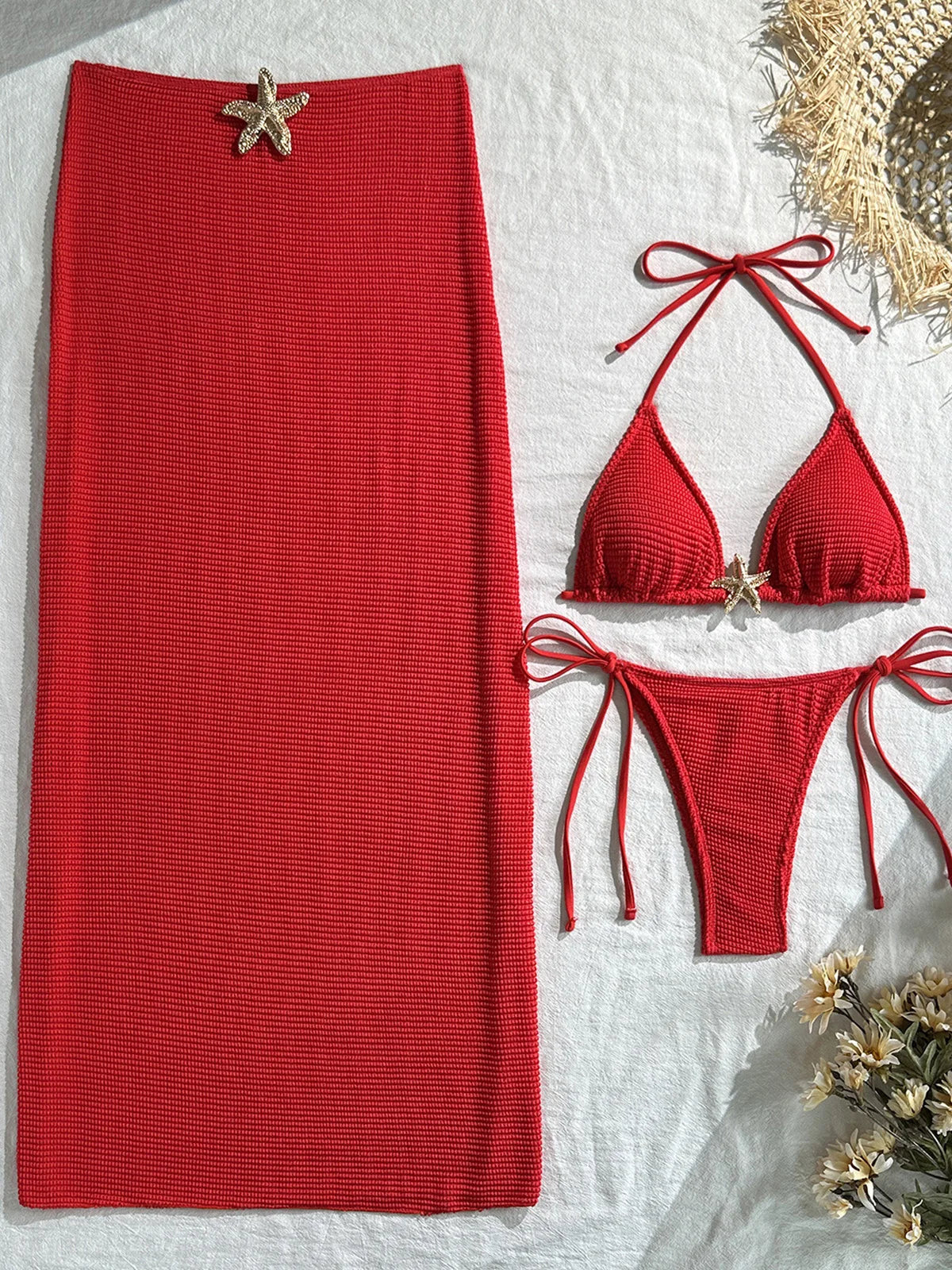 Metal Star Halter With Skirt Bikini Female Swimsuit Women Swimwear Three-pieces Bikini set Padded Bather Bathing Suit Swim V6740