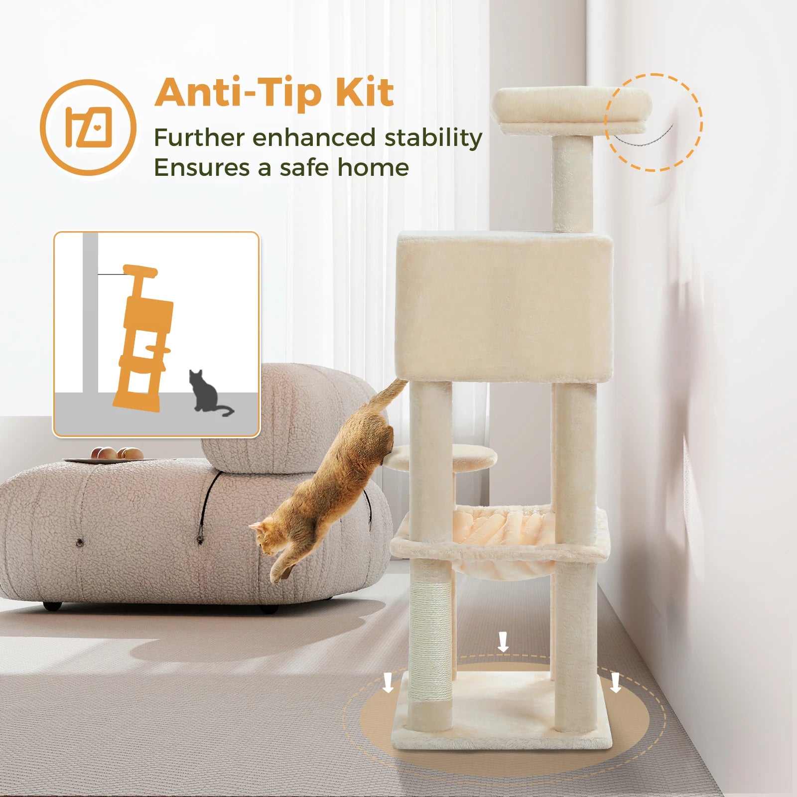 Multi-Level Cat Tree with Sisal Scratching Posts Cozy Condo Big Hammock Plush Cat Tower for Indoor Kitten House Bed Cat Toys