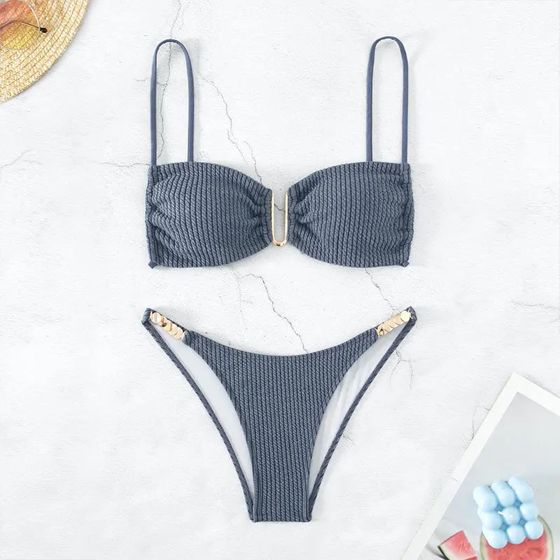 Sexy U Neck Bikini Set Women Solid White Black Push Up Pleate Micro Swimsuit 2024 Brazilian Cut Out Bathing Suit Thong Swimwear