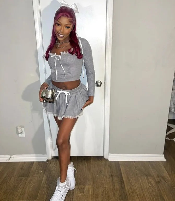 CM.YAYA Women Mini Pleated Skirts Set +Full Sleeve Lace Hoodies Two 2 Piece Set Outfits Fall Street Night Club Cute Outfits