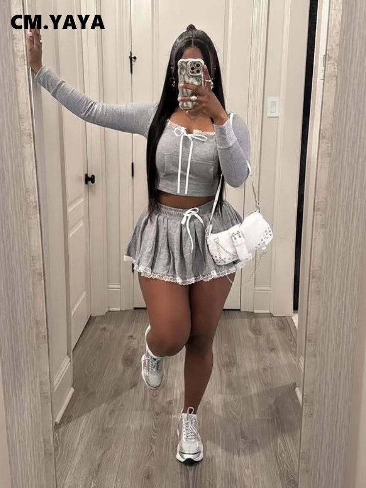 CM.YAYA Women Mini Pleated Skirts Set +Full Sleeve Lace Hoodies Two 2 Piece Set Outfits Fall Street Night Club Cute Outfits