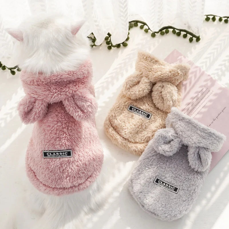 Fashion Plush Dog Hoodies Coat Winter Warm Dog Clothes Rabbit Pattern Cat Jacket Cute Solid Puppy Hoodies Bichon Pet Jacket Coat
