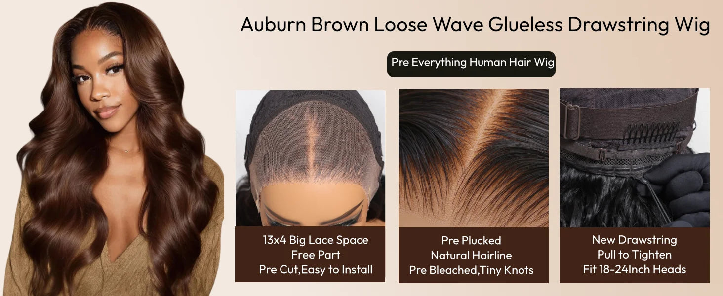 UNice Auburn Brown13x4 Pre-Everything™ Lace Frontal Loose Wave Wig With Invisi Drawstring & Face Framing Layers 150% Density