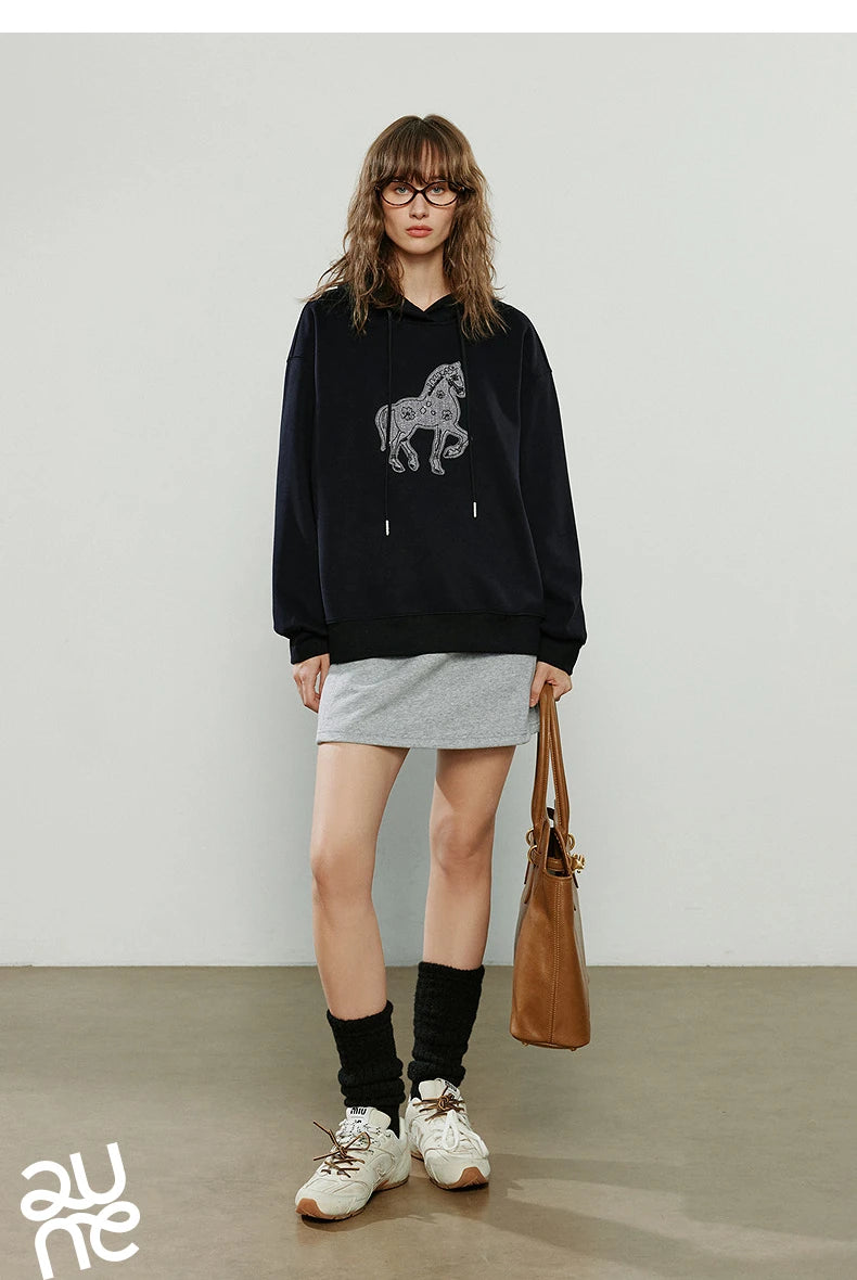 TOYOUTH Women Hoodies 2025 Winter New Loose Crew-neck Warm Applique Embroidery Tops