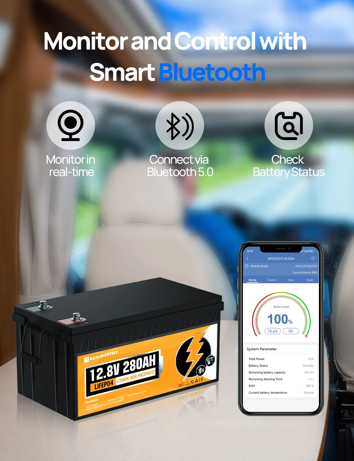 ECO-WORTHY 2Pack 12V 280Ah LiFePO4 RV Battery w/Bluetooth & Low Temp Cutoff - Built-in 200A BMS - Deep Cycle for Camper, Traile