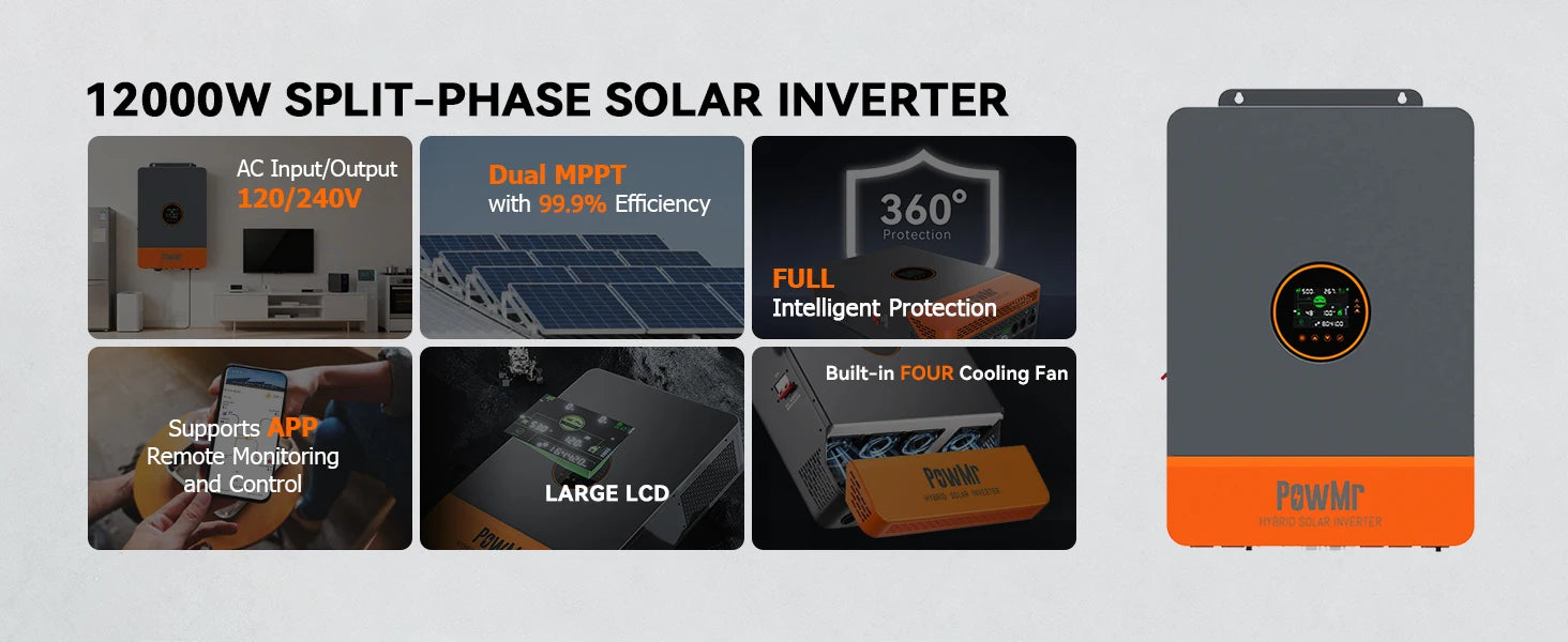PowMr 12KW 10KW Split Phase Inverter 48V 110V or 220V Hybrid Solar Inverter Dual MPPT Output Off Grid with MPPT 200A Charger