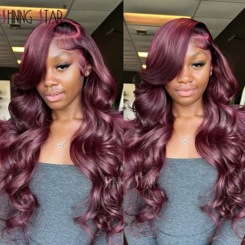 Burgundy Red Bone Straight Lace Front Human Hair Wigs Pre Plucked Colored 99J Red 13x6 Transparent Lace Frontal Wig Human Hair