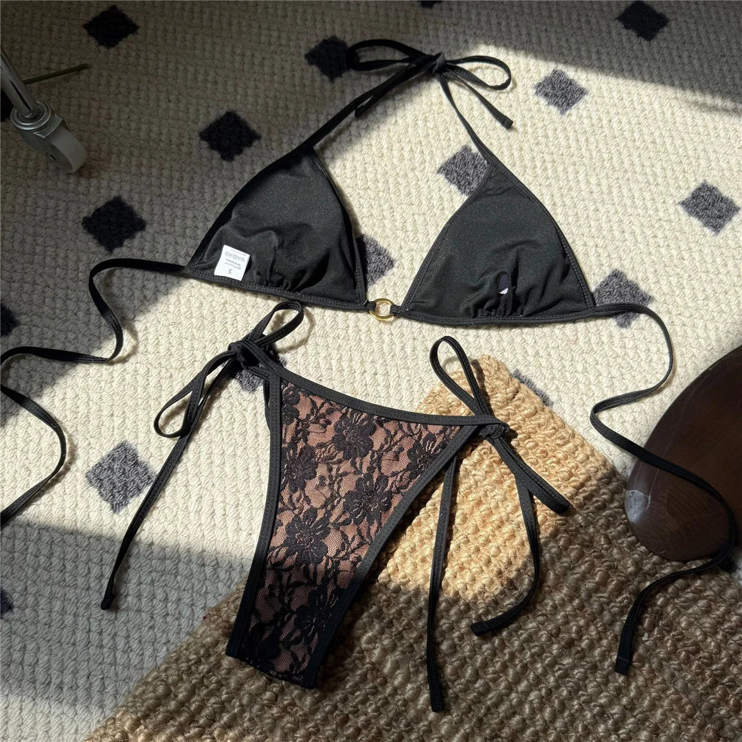 Embroidery Halter High Leg Cut Bikini Female Swimsuit Women Swimwear Two-pieces Bikini set Padded Bather Bathing Suit Swim V6849