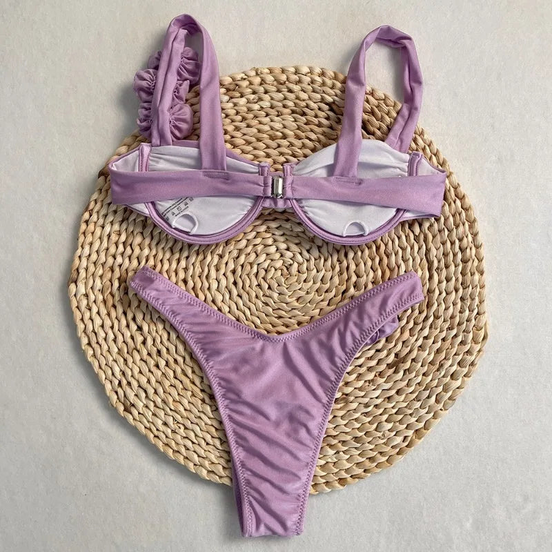 Style Flower Bikinis Women's 2 Piece 3D Rose Bikini Set High Cut Cheeky Swimsuit Floral Appliques Bathing Suit