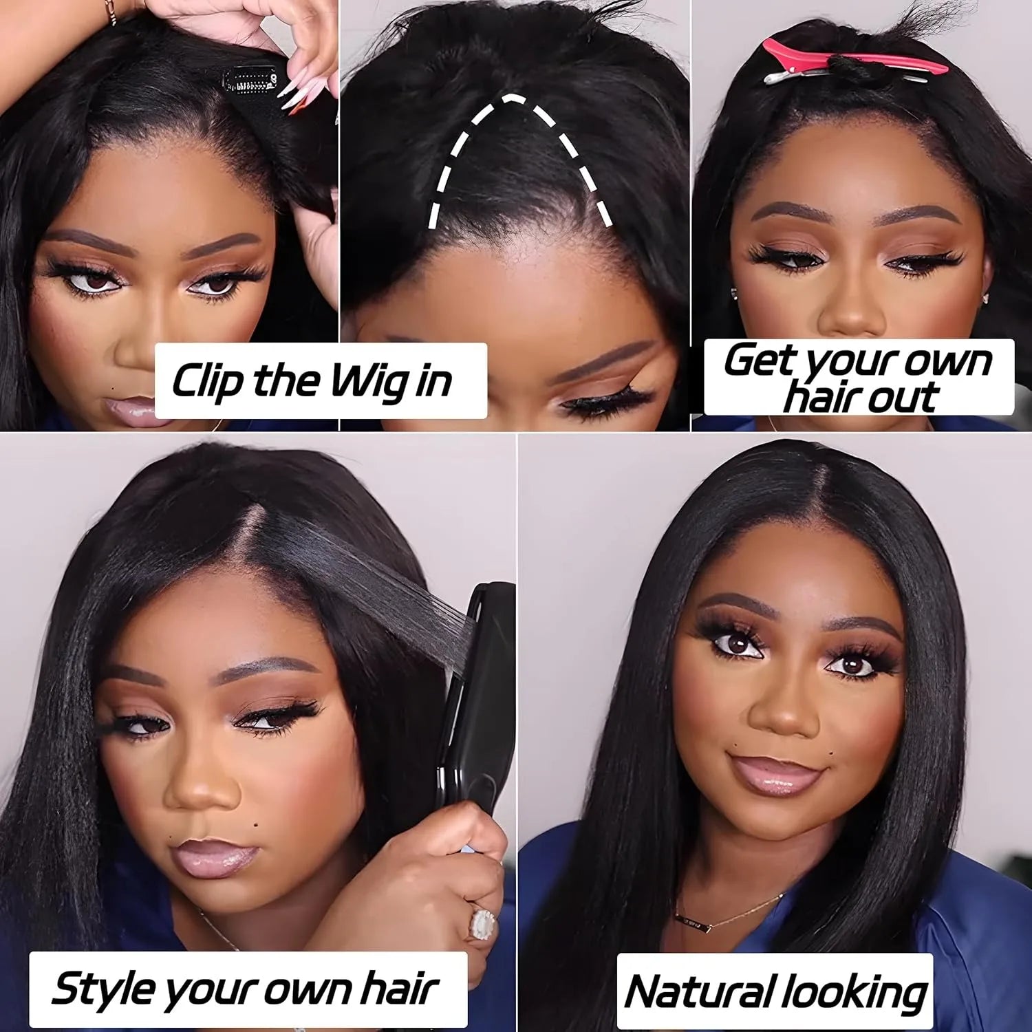 V Part Kinky Straight Human Hair Wig 250% Density for Women Upgrade U part Wig No Leave Out V Shape Clip in Half Wigs No Glue