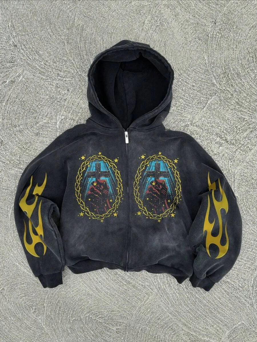 New Y2K Harajuku American Good Luck Pattern Printed hoodie man clothes Vintage Hip Hop Jacket Gothic Style Casual zip up hoodies