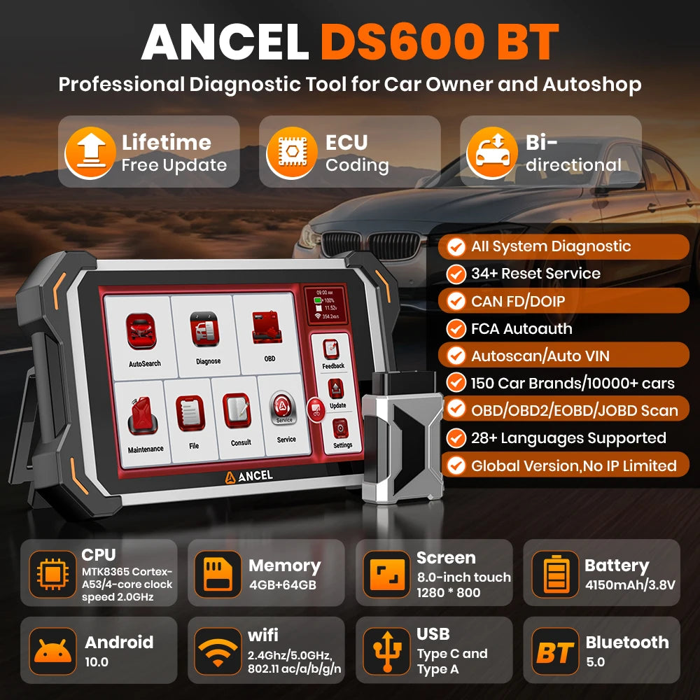 ANCEL DS600 BT Car Bidirectional Scanner Tool All System IMMO ECU Key Coding Diagnostic CAN-FD FCA Auto 34+ Services Code Reader