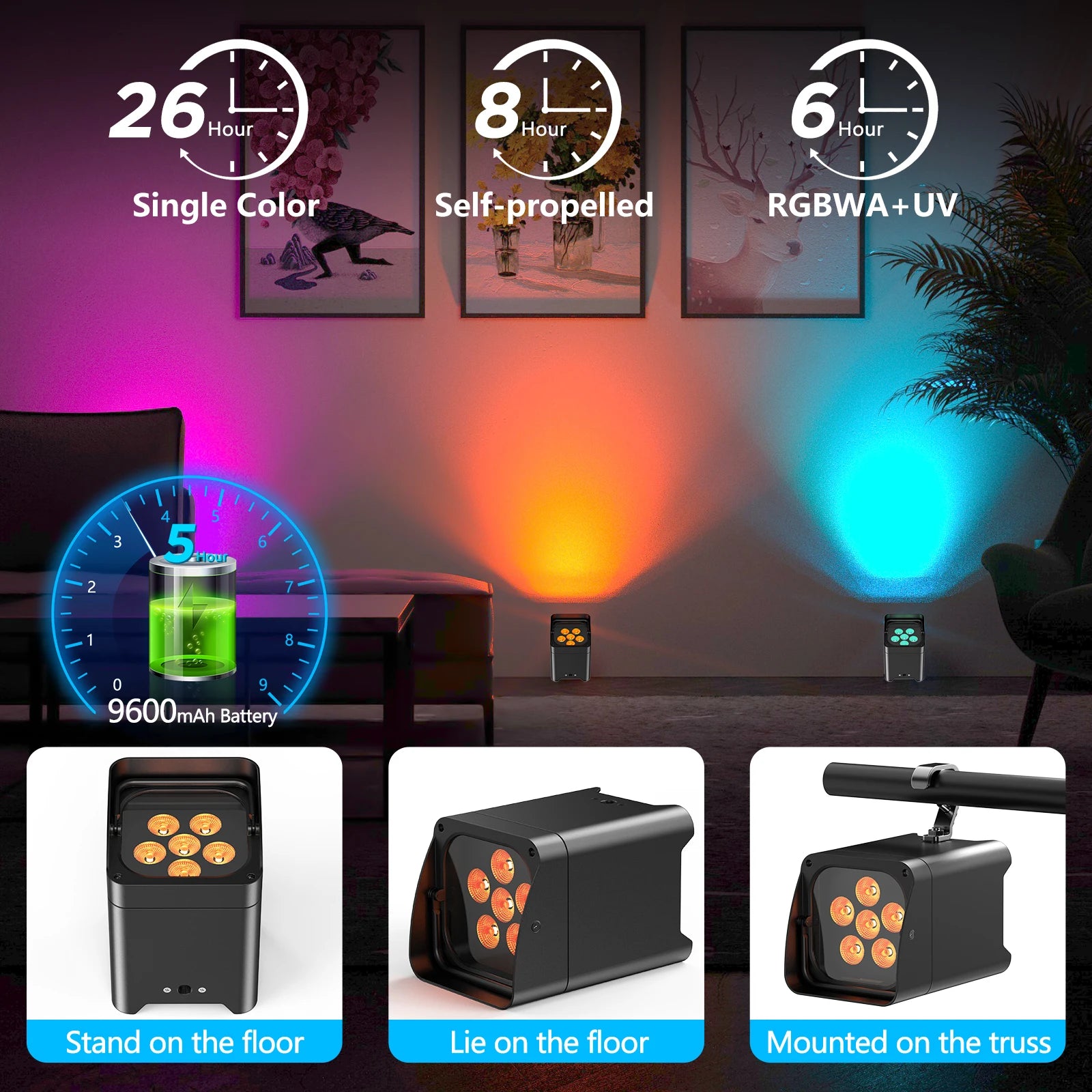 Yiflamefly 6Pcs Par Lights+1Pc Rechargeable Flight Case 80W 6IN1 RGBWA+UV Wireless Built-in Battery DMX Stage Light For DJ Disco