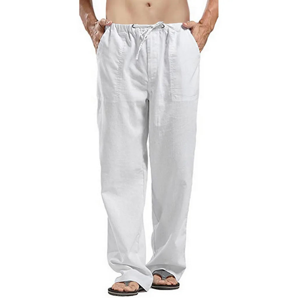 Men's Cotton Linen Pants Summer Solid Color Breathable Linen Trousers Male Casual Elastic Waist Fitness Pants Hip-Hop Streetwear