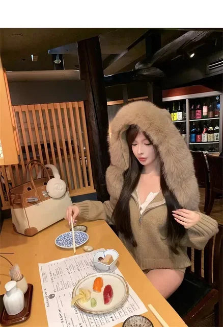 Winter Women Old Money Girl Long Sleeve Full Zip Cardigan Sweater Cuddly Hoodies Knitwear 2000s Aesthetic Korean Fashion Sweater