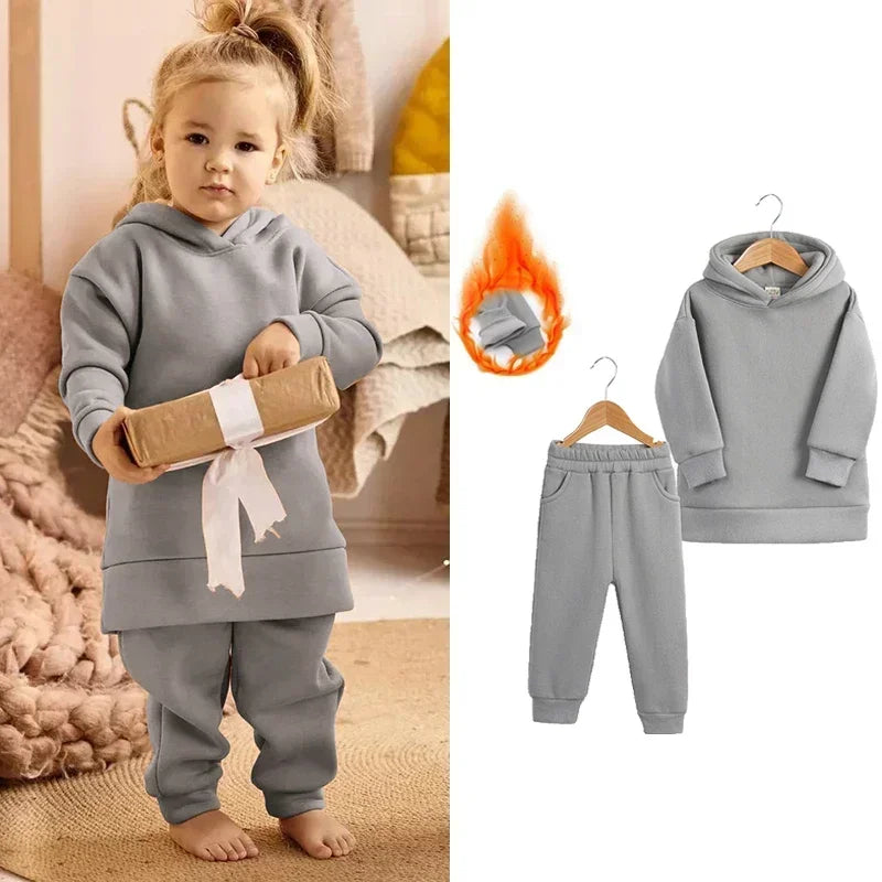Children Fleece Winter Outfit Toddler Cotton Solid Hoodies Pullover Sweatshirt Pants Tracksuit Set Kids Boy Girl Warm Sweatsuits