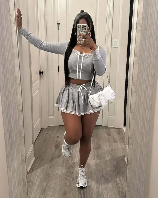 CM.YAYA Women Mini Pleated Skirts Set +Full Sleeve Lace Hoodies Two 2 Piece Set Outfits Fall Street Night Club Cute Outfits