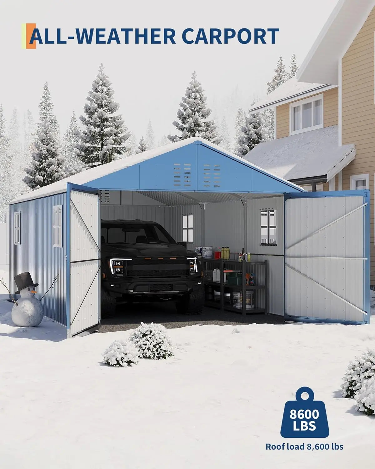 12x20 FT Enclosed Metal Carport Reinforced Frame Steel Roof All-Weather Full-Sized Pickup Truck Garage Shed, Customized