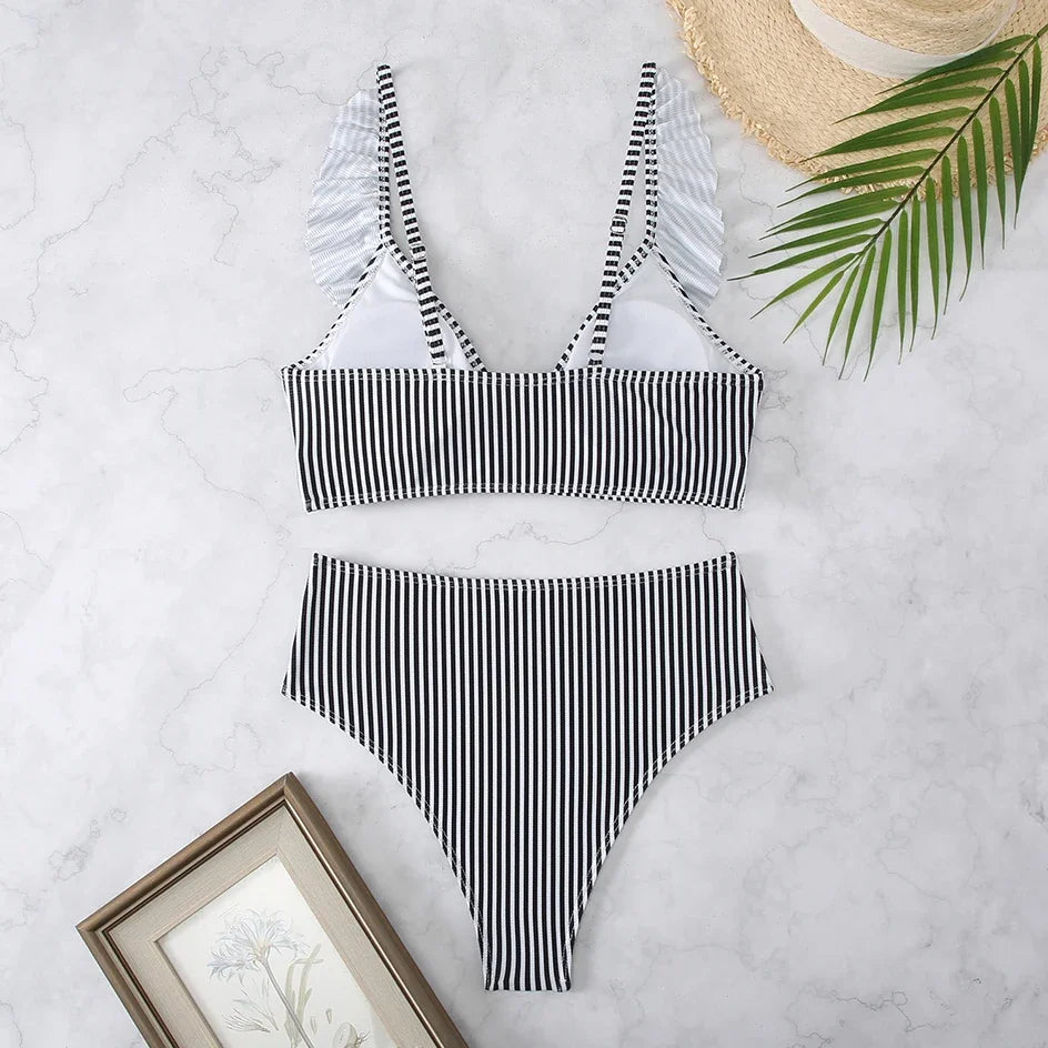 Sexy Striped Ruffle Bikini Swimsuit Women 2025 Two-piece Swimwear High Waisted Bikinis Sets Female Bathing Suit Push Up Monokini