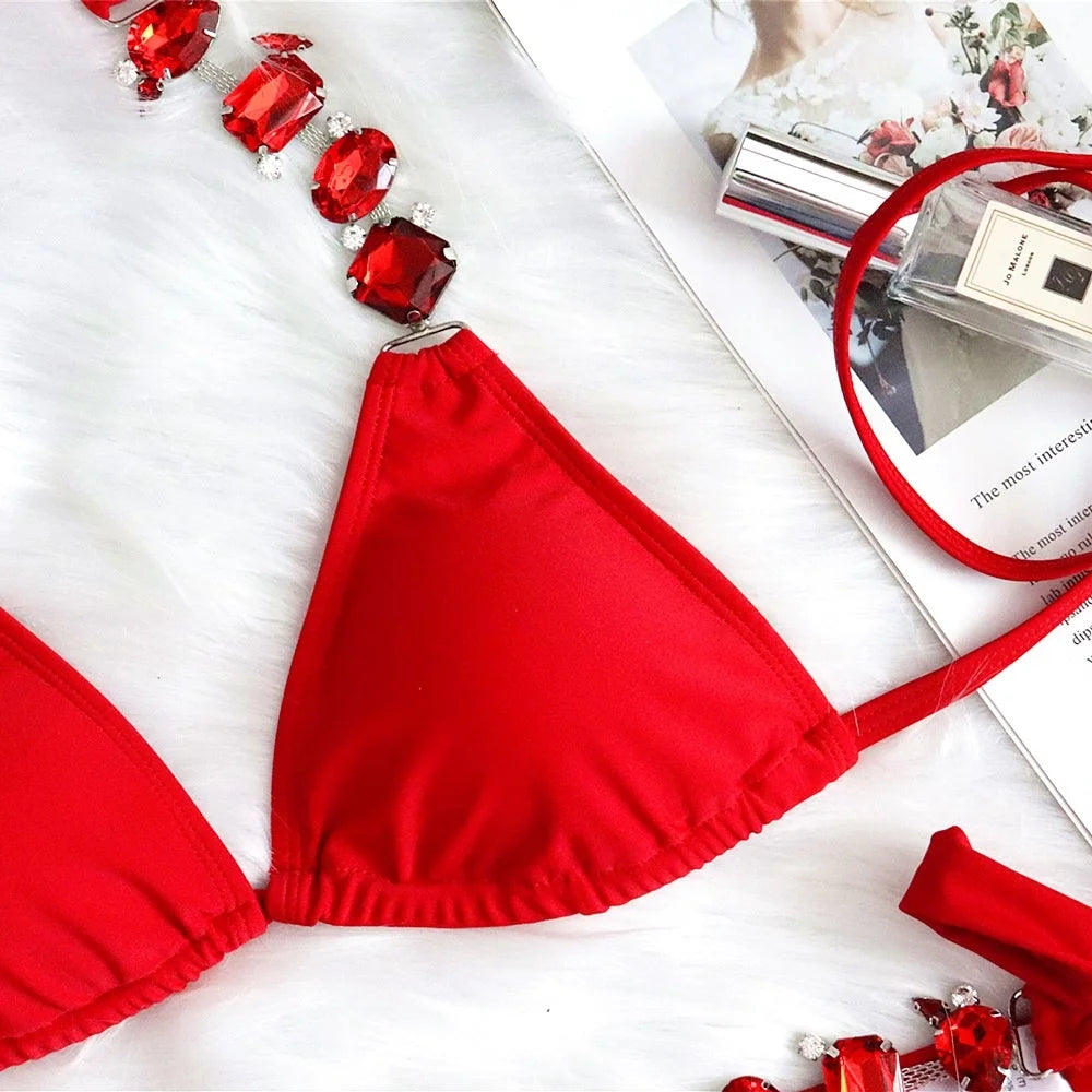 Red Rhinestones Sexy Bikinis 2026 Women Swimwear Female Swimsuit Swim Wear Bathing Suits Brazilian Bikini Set Beach Pool Bather