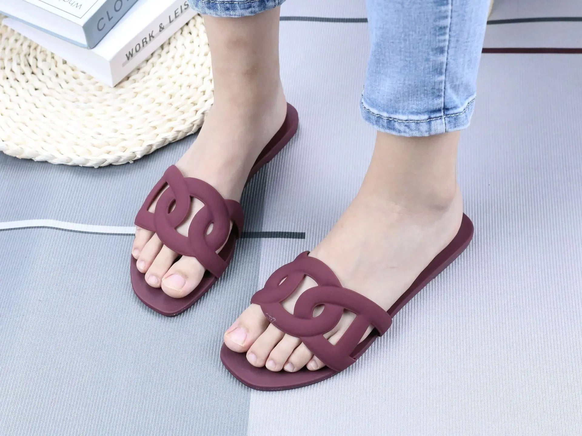 Summer women's one-word sandals daily leisure shopping beach wear flat shoes versatile solid color hollow