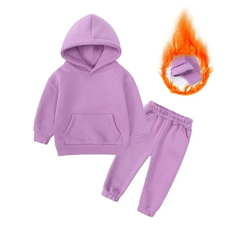 Children Fleece Winter Outfit Toddler Cotton Solid Hoodies Pullover Sweatshirt Pants Tracksuit Set Kids Boy Girl Warm Sweatsuits
