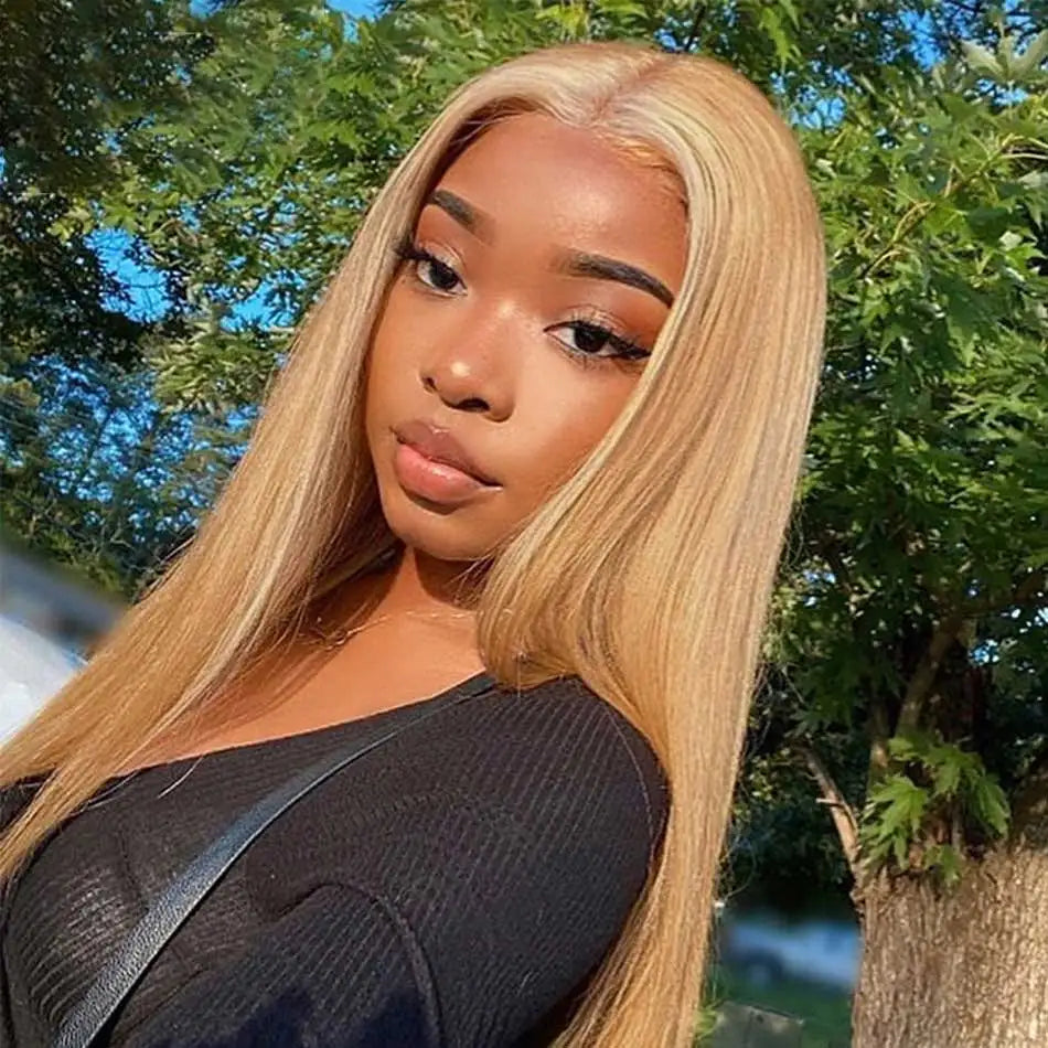 Tuneful 27# Honey Blonde Colored Human Hair Wigs Straight 180% 13x6 HD Transparent Lace Front Human Hair Wigs For Women