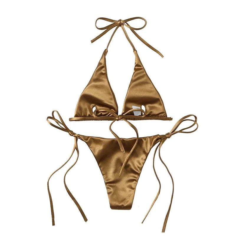 Sexy Women's Metallic Halter Top Two Piece Swimsuit Tie Side Triangle Bikini Summer Solid Bathing Suit Beachwear Bikini Set