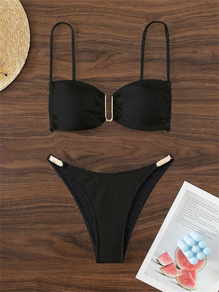 Sexy U Neck Bikini Set Women Solid White Black Push Up Pleate Micro Swimsuit 2024 Brazilian Cut Out Bathing Suit Thong Swimwear