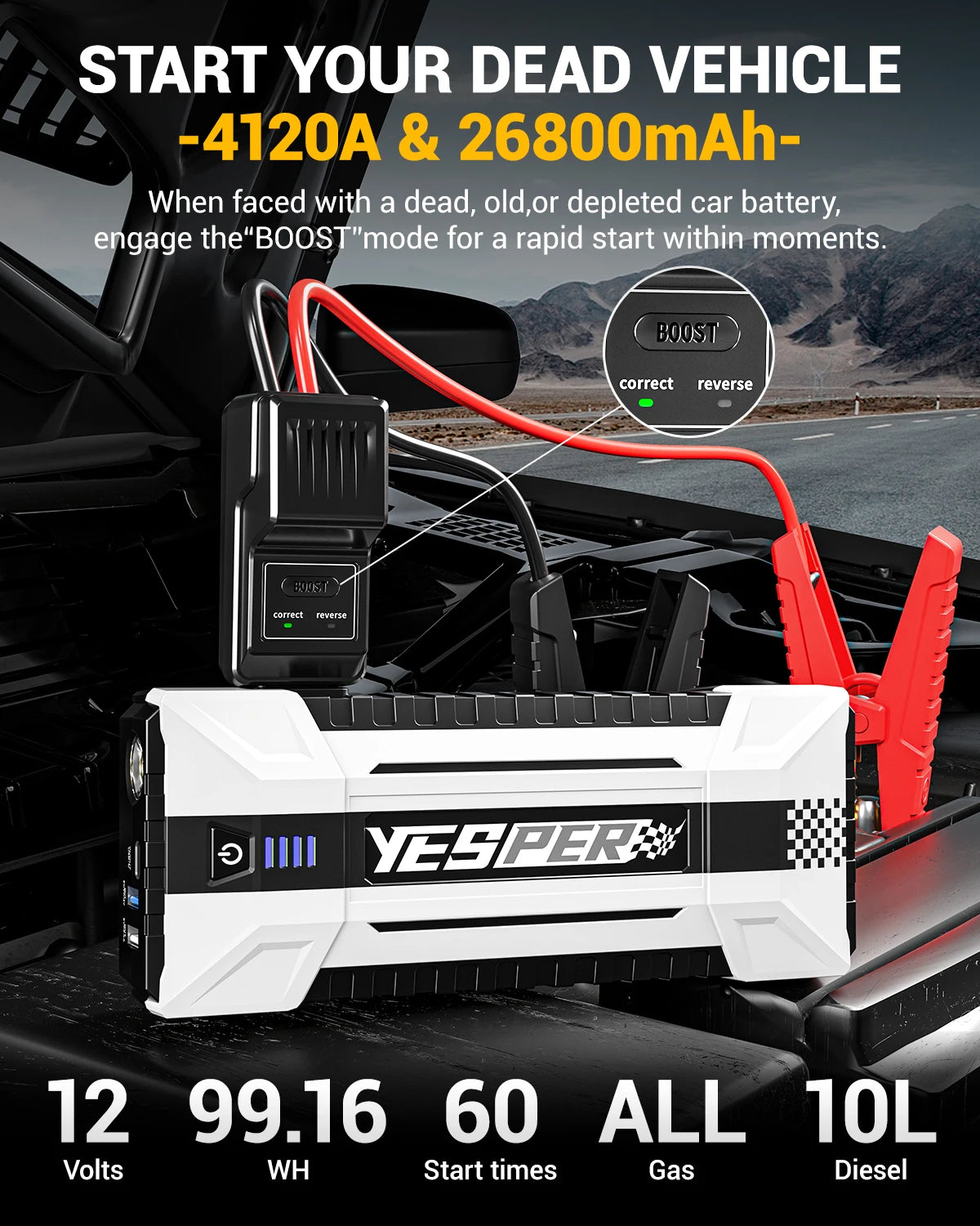 YESPER Starting Device 4120A Peak Jump starter For car ,ALL Gas and Up to 10.0L Diesel Engine,26800mAh Car External battery