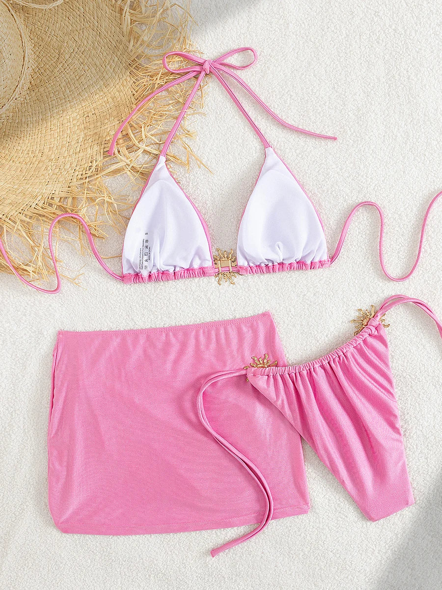 3 PCS with Skirt Halter Strappy Bikini Female Swimsuit Women Swimwear Three-pieces Bikini Set Bather Bathing Suit Swim Beachwear