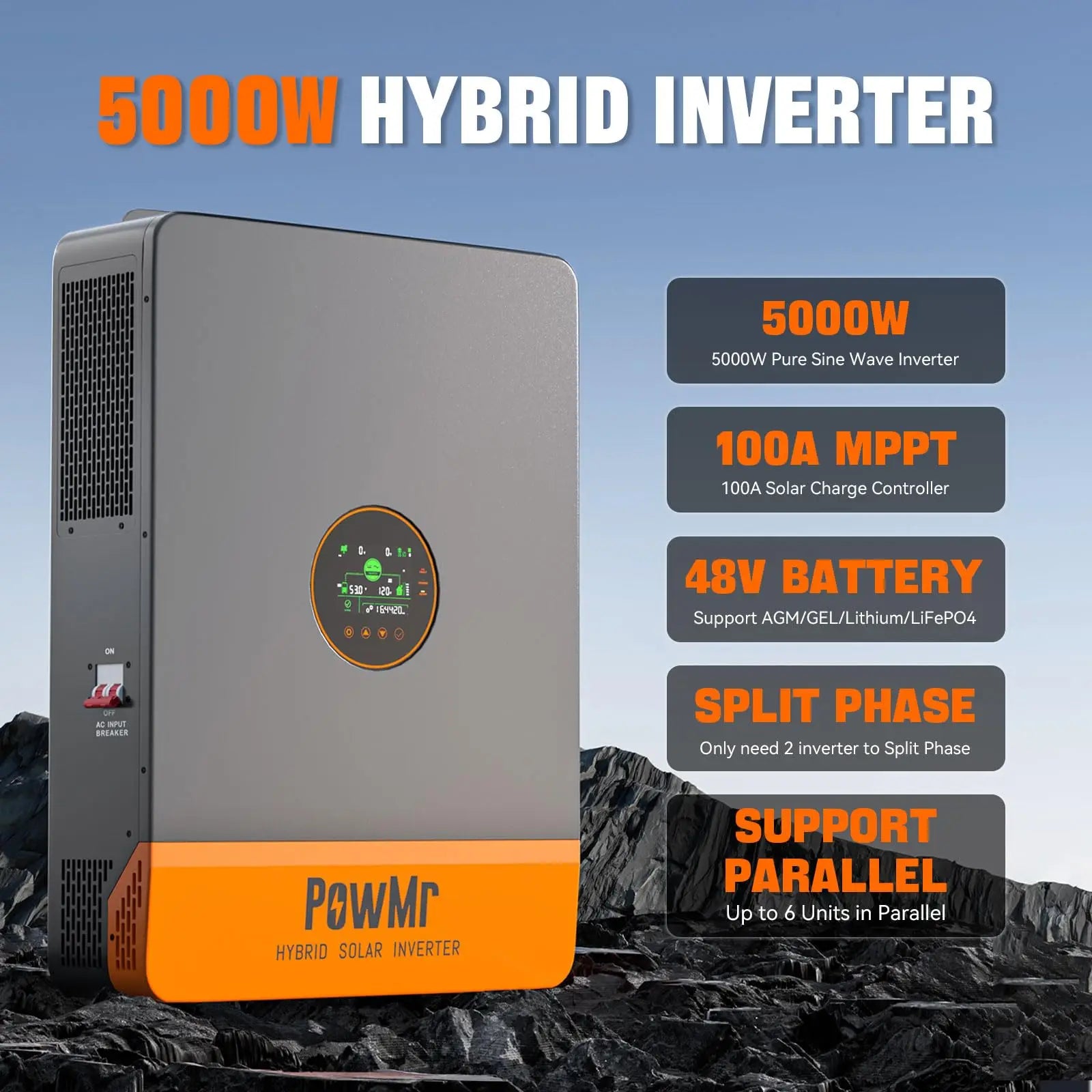PowMr USA 5000W 48V Hybrid Solar Inverters 110Vac Can Split Phase 220Vac Output When Parallel Pure Sine Wave MPPT 100A PV 500Vdc
