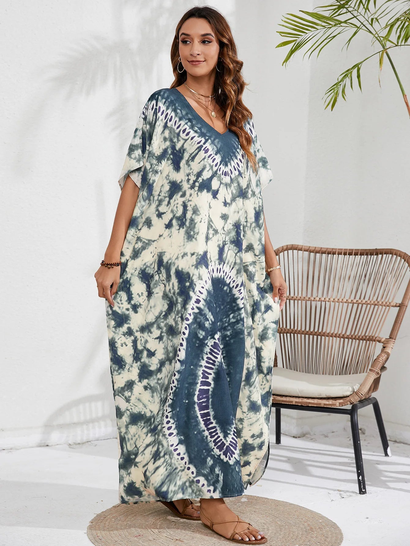 Kaftan Dresses for Women Plus Size Tie Dye Batwing Sleeve Caftans Swimsuit Coverup Maxi Dress Loungewear