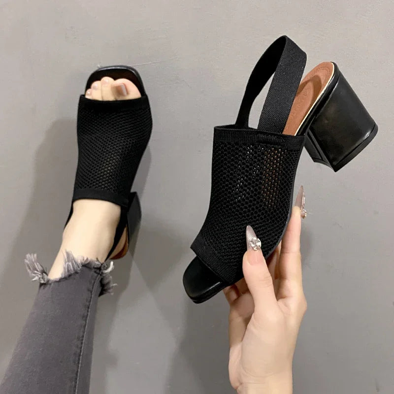2025Summer Elegant Sandals with Fine Mesh Breathable Upper, New Elastic Back Strap for Women, Korean Version Casual Sandals