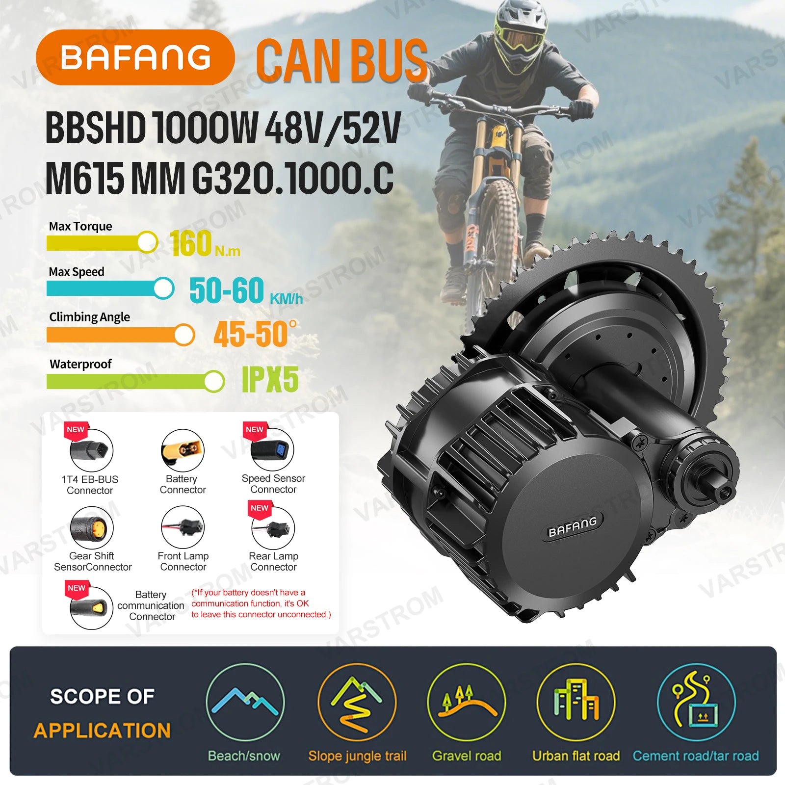 Bafang 52V 1000W BBSHD BBS03 Mid Drive Motor Peak 1450W 8Fun Electric Bike Engine Ebike Conversion with 52V20AH Lithium Battery