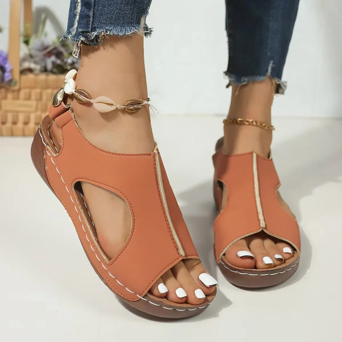 Summer Sandals for Women  Wedge Heel Platform Shoes Synthetic Leather Peep Toe Hook Loop Casual Beach Walking Ladies Footwear