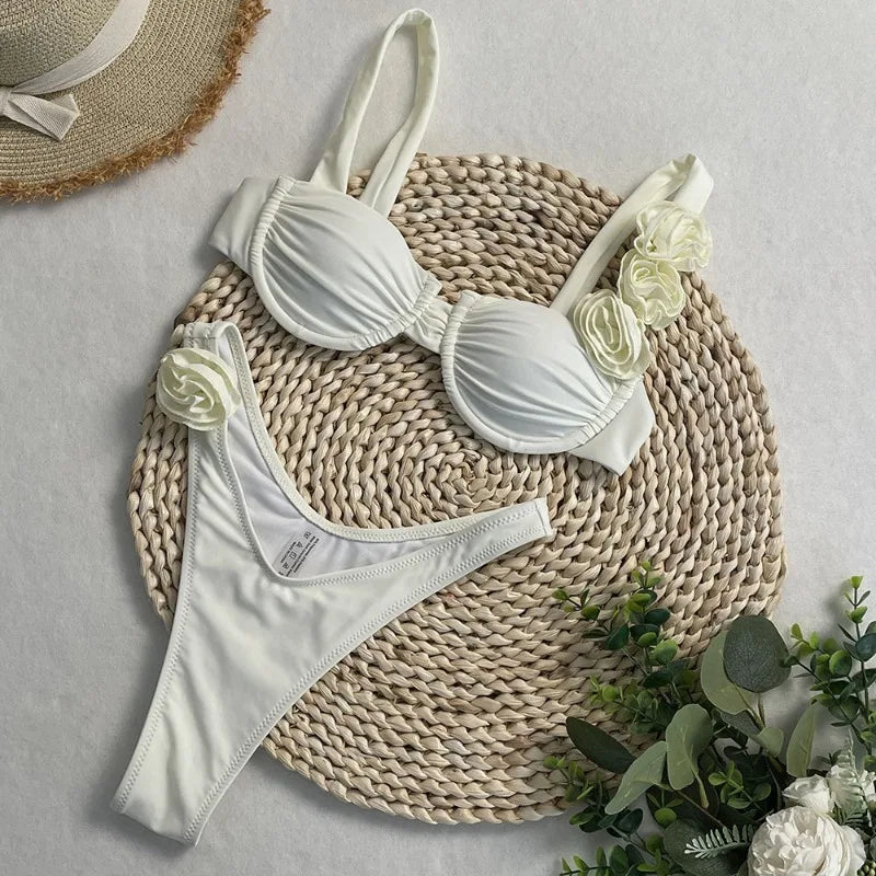 Style Flower Bikinis Women's 2 Piece 3D Rose Bikini Set High Cut Cheeky Swimsuit Floral Appliques Bathing Suit
