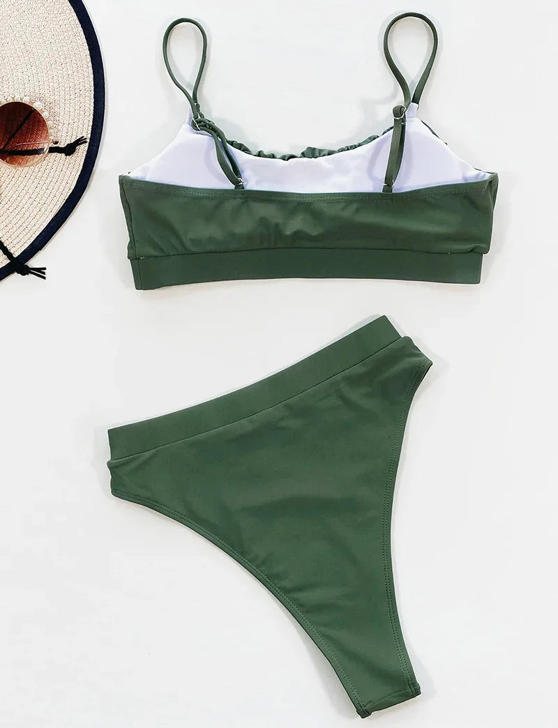 2025 Wrinkled Ruched High Waist Bikini Women Swimsuit Female Swimwear Two Pieces Bikini Set High Cut Bathing Suit Swim Beachwear