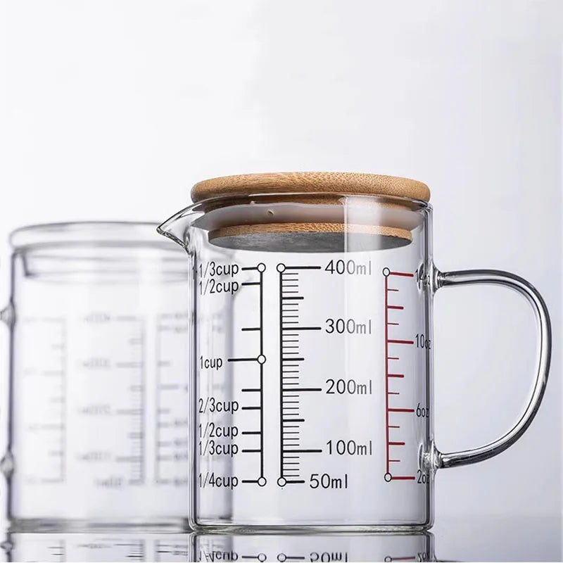 Heat-resistant Glass Measuring Cup With Wood Lid V-shaped Spout Laboratory Beaker Kitchen Baking Milk Coffee Measuring Mug