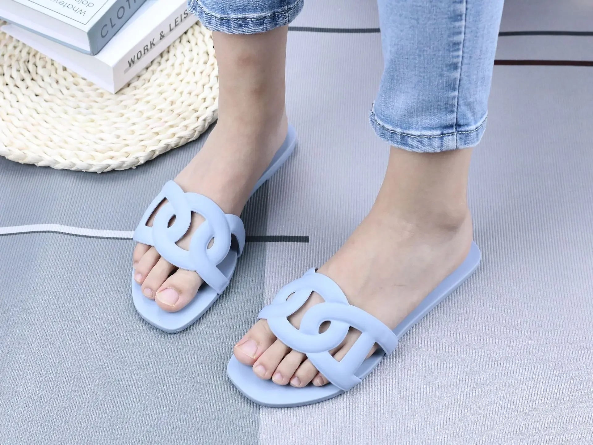 Summer women's one-word sandals daily leisure shopping beach wear flat shoes versatile solid color hollow