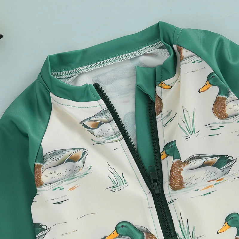 Toddler Kids Boy Rash Guard Swimsuit with Hat 2 Pcs Set Duck Printed Zip Up Long Sleeve Crew Neck Baby Boy Swimwears