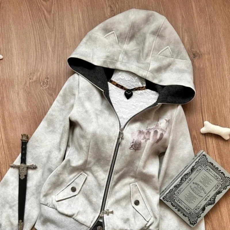 Y2k Aesthetic Vintage Printing Pocket Hoodies Gothic Fairy Grunge Hooded Jackets Autumn Women Double Zippers Punk Sweatshirt